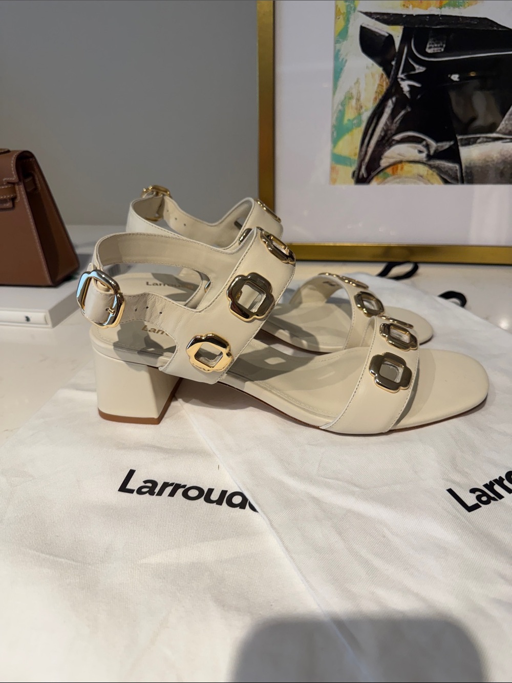 NWOT Larroude Milan Cream Ankle-Strap Sandals with Gold Accents
